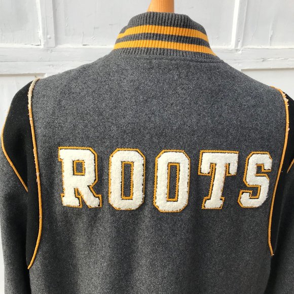 Roots 73 Grey Wool Blend Varsity Spellout Logo Jacket Vintage Embroidered Crest - Picture 7 of 14